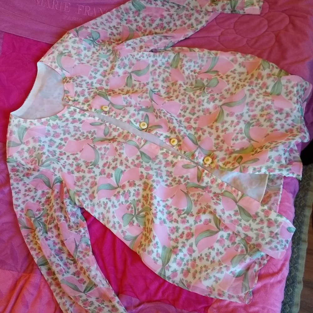 Japanese Long Sleeve Floral Button-Down Blouse